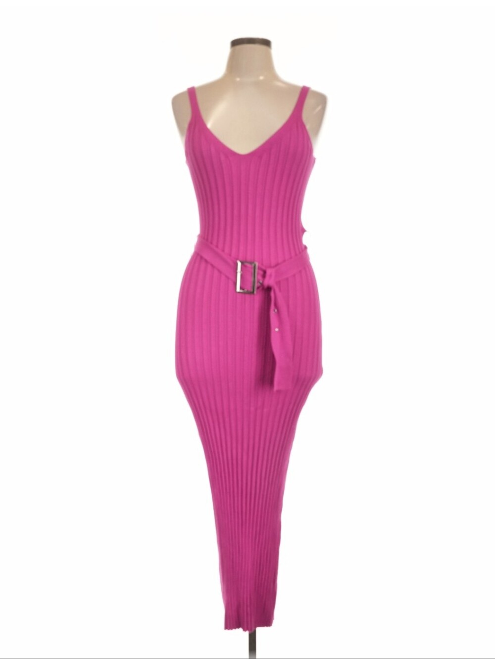Fuchsia Ribbed Knit Bodycon Skirt with Belt